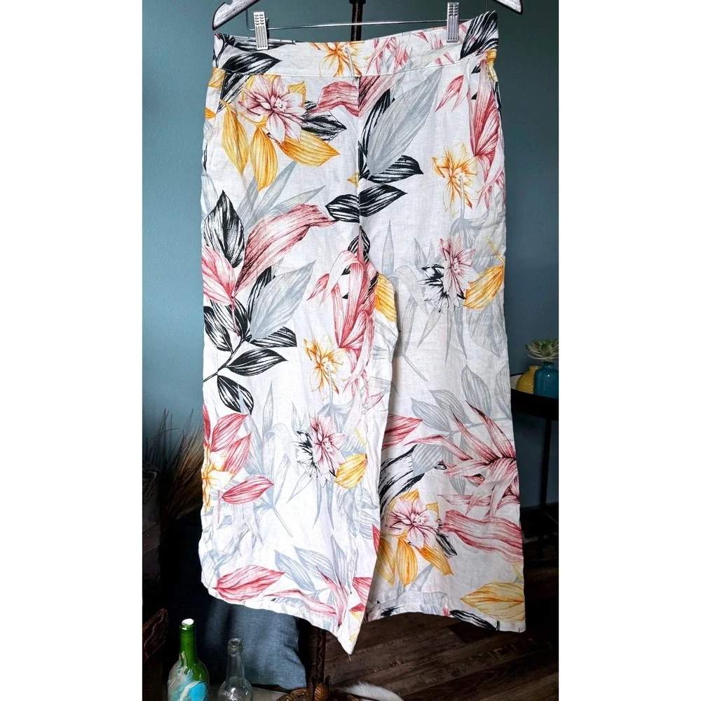 Linen Cropped Wide Leg Resort Pants Tropical‎ Floral Size L Coastal Boho